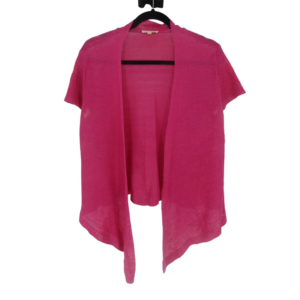 Eileen Fisher Cardigan Womens M Pink 100% Linen Open Knit Short Sleeve Drape